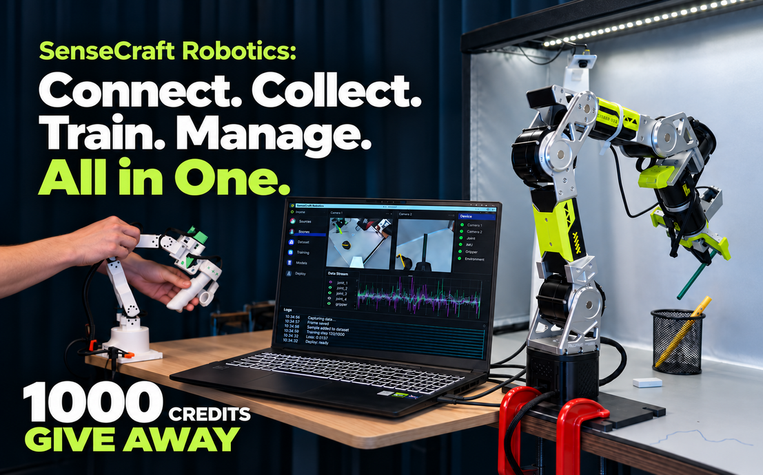SenseCraft Robotics AI robotic arm training platform with leader-follower arms, a laptop dashboard, and a 1,000-credit giveaway