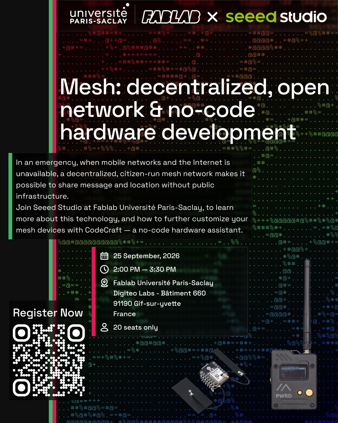 フランス・Université Paris-Saclayで開催される無料のメッシュネットワーキングおよびCodeCraftワークショップ