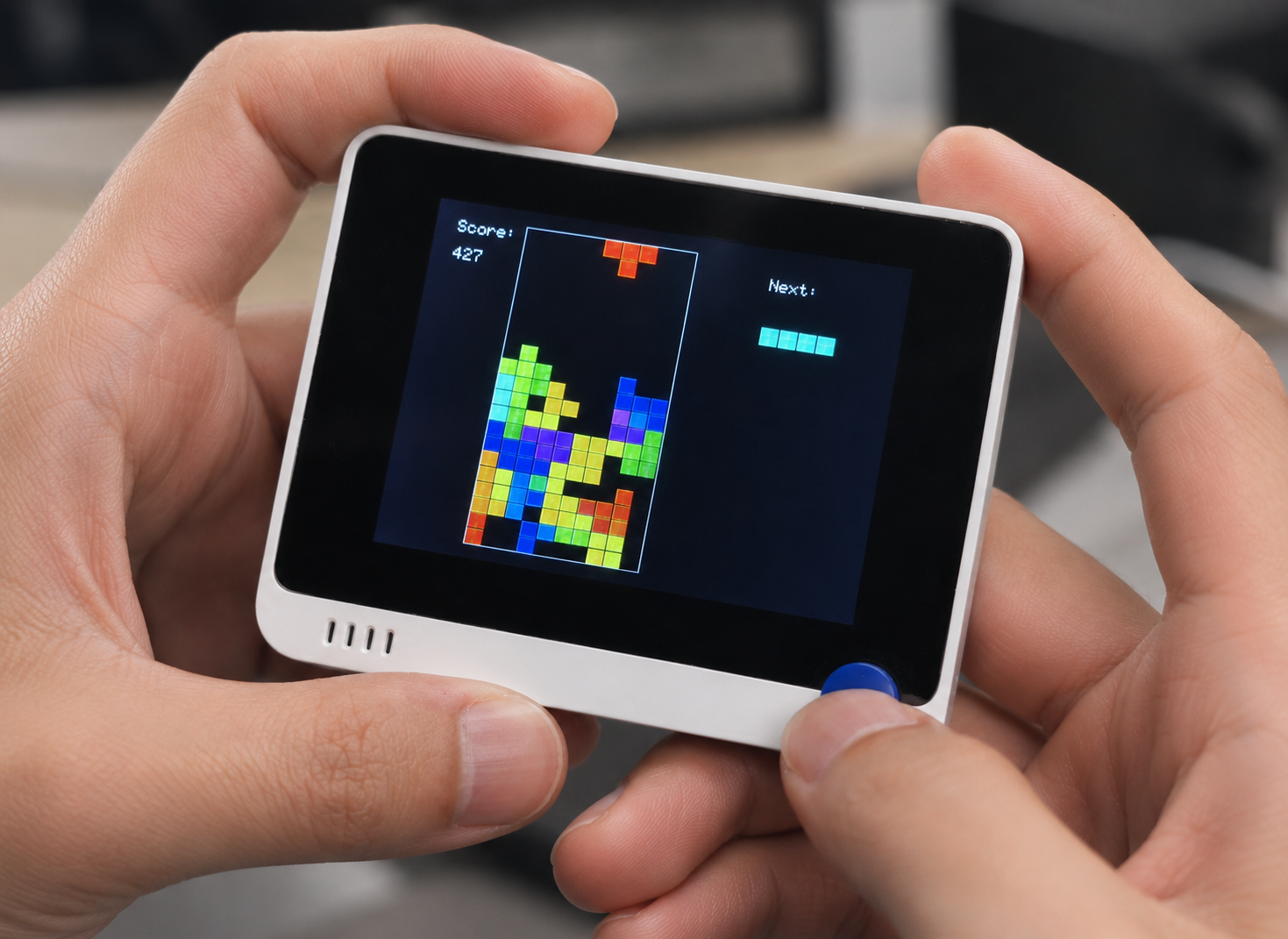 Tetris game running on Wio Terminal with score and next-piece preview