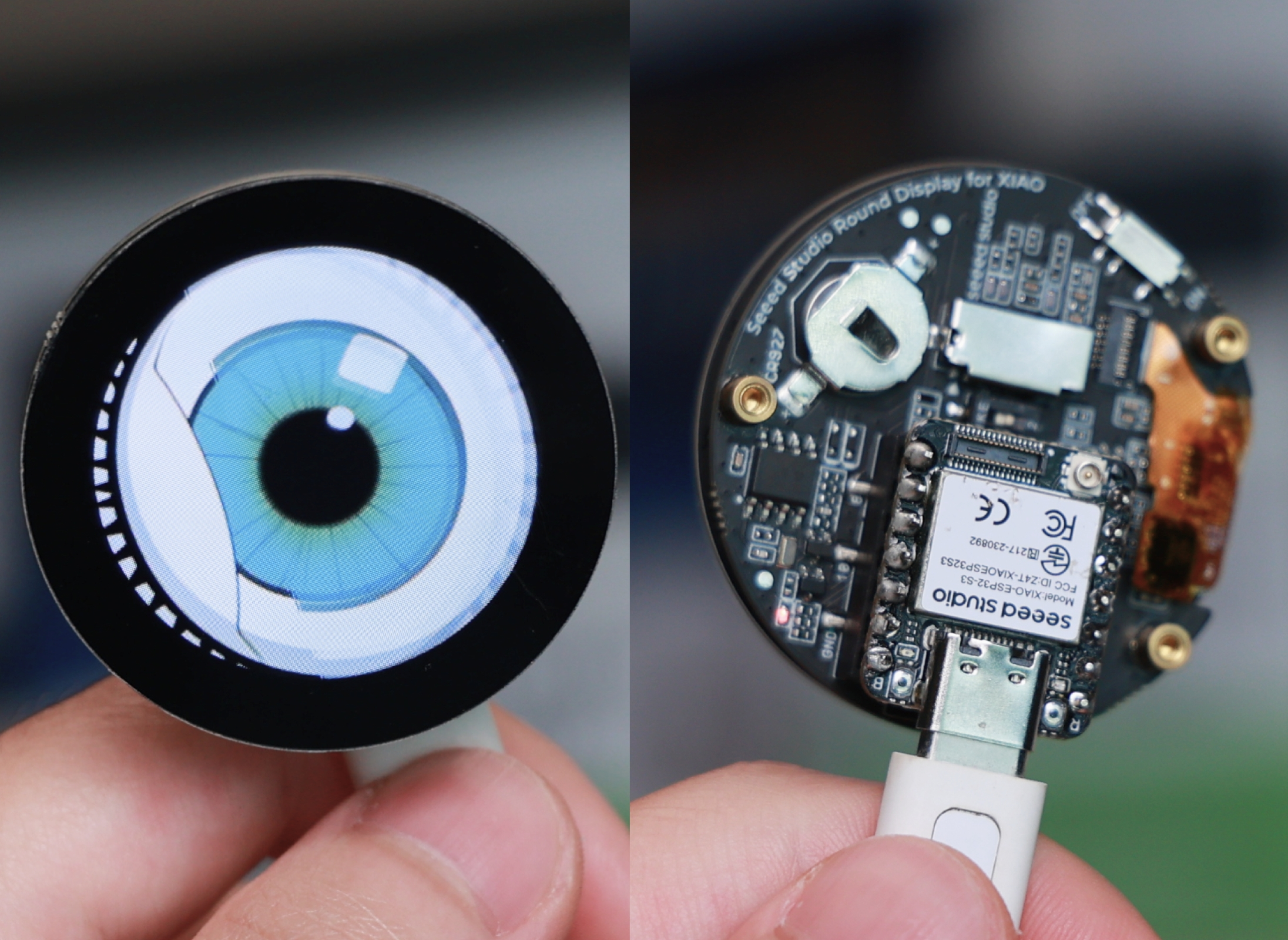Animated cyber eye displayed on a round screen connected to XIAO ESP32S3