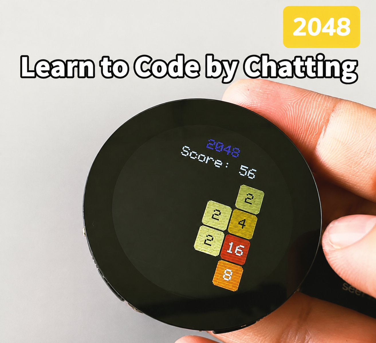 2048 game running on a XIAO ESP32S3 round touchscreen