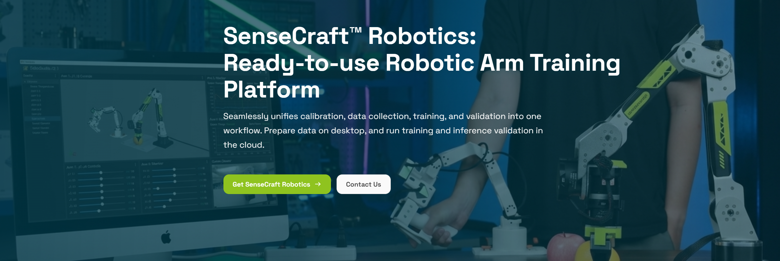 SenseCraft Robotics AI robotic arm training platform with leader-follower arms and a desktop control interface