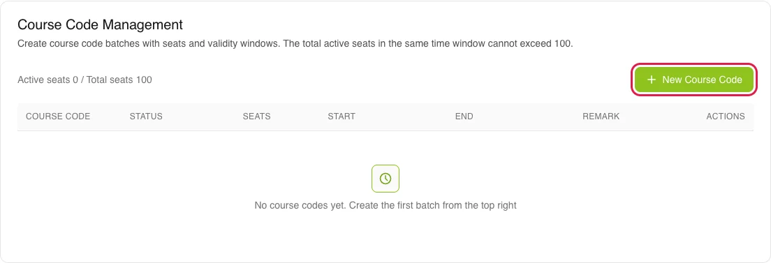 Course Code Management card — click New Course Code