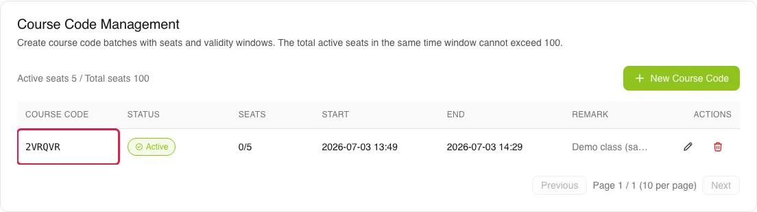 The generated code appears in the Course Code column